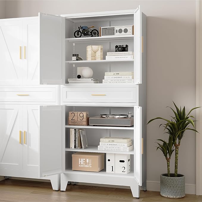 71 "Farmhouse Metal Filing Cabinet with a Drawer and 4 Adjustable Shelves, with 4 Large barn Door White Kitchen Cabinets, Metal Food Cabinets for Home, Kitchen, Dining/Living Room (White)