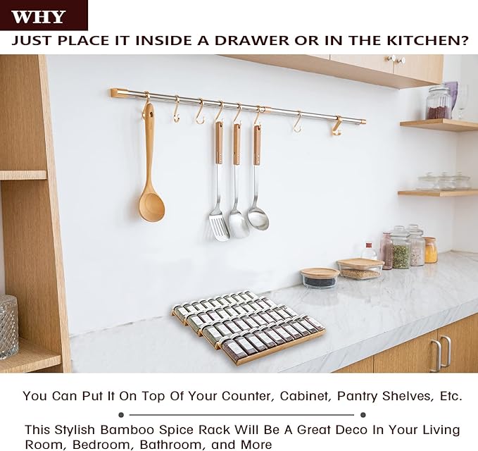 Bamboo Spice Rack Drawer Organizer - 8 Pieces Set- 9" Wide Per Piece - Combine Pieces Into 18" Wide Rack (9" or 18")