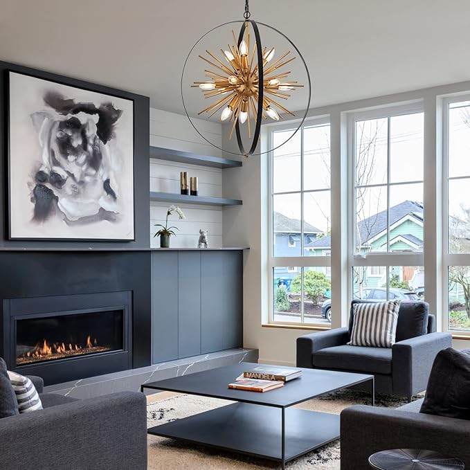 23.2'' Black Gold 12-Light Globe Sputnik Chandelier Modern Industrial Adjustable Hanging Ceiling Firework Pendant Light Fixture for Entryway Foyer Bedroom Dining Living Room Hallway