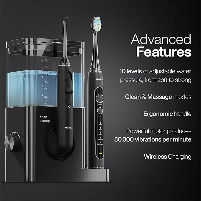 AquaSonic Home Dental Center PRO – Brushing & Flossing Made Easy – Brush & Floss – Power Toothbrush & Water Flosser – Whiter Teeth & Healthier Gums – Black Series Pro+Oral Irrigator