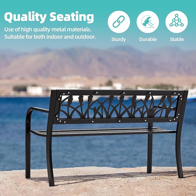 AVAWING Outdoor Bench, 2-Person Garden Benches for Outside, Metal Frame Patio Seating with Floral Pattern Backrest, Armrests for Lawn, Park, Porch, Entryway, Black