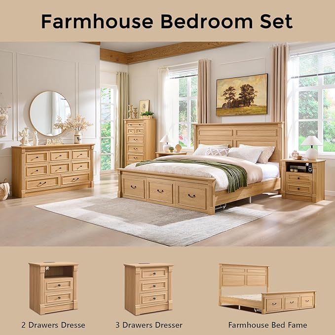 26" Tall Farmhouse Nightstand Set of 2, 2 Drawers End Table w/Charging Station, 23.6" Wide Large Side Tables w/Roman Column, Wood Rustic Sofa Tables w/Open Shelf, Bedside Table for Bedroom, Natrual