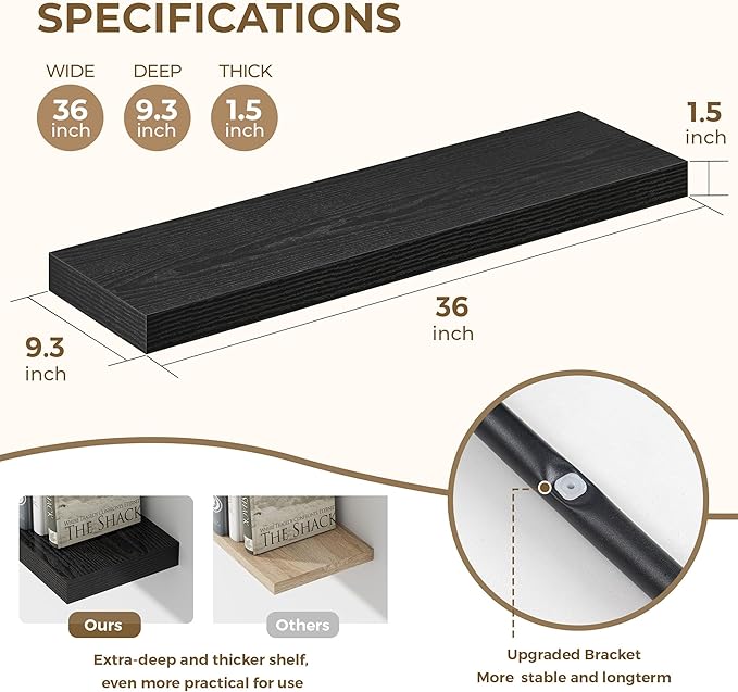 36 Inches Floating Shelves for Wall, 9.3" Deep Long Floating Shelves Set of 2, Large Display & Storage Shelf, Wall Shelf for Bathroom Bedroom Living Room Kitchen Office, Black