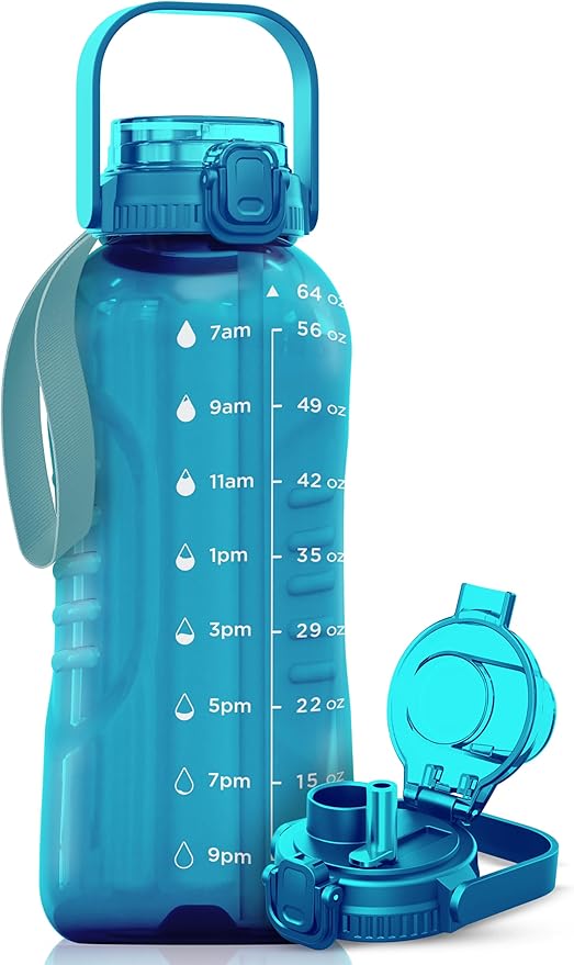 AQUAFIT 64 oz Water Bottle with Time Marker - 2in1 Straw & Chug Lid - BPA Free Big Water Bottle with Straw - Gym Water Bottle with Strap - Water Jug (64 Ounces, Aqua)