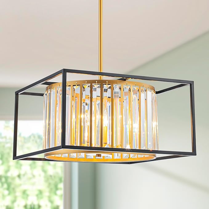 5-Lights K9 Crystal Chandelier, Modern Style Pendant Light Fixture for Dining Room, Bedroom & Living Room, Gold & Black Finish, L16.5 * W16.5 * H12~48 inch (Adjustable Height)