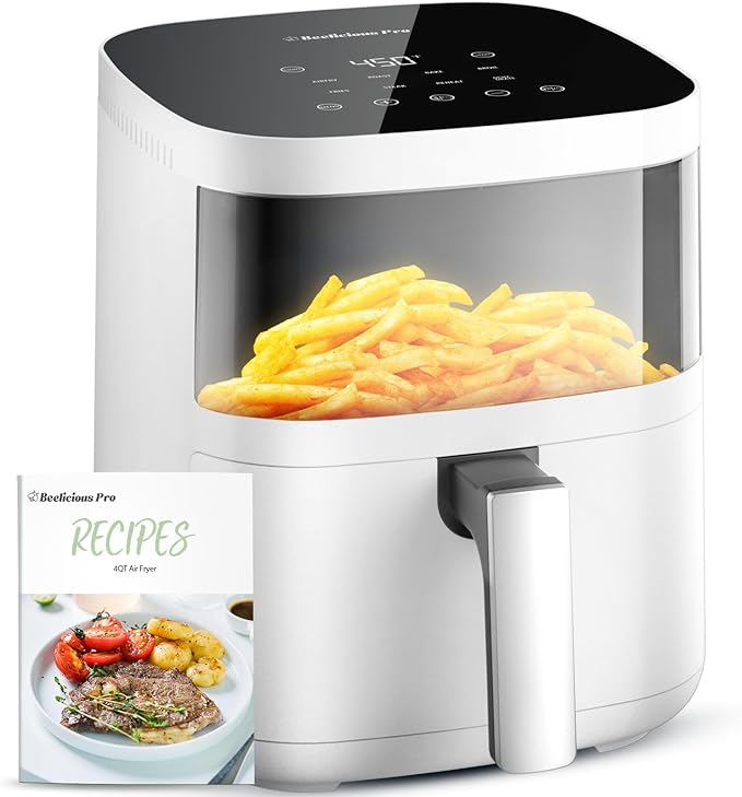Air Fryer, Beelicious 8-in-1 Smart Compact 4QT Air Fryers, with Viewing Window, Shake Reminder, 450°F Digital Airfryer with Flavor-Lock Tech, Dishwasher-Safe & Nonstick, Fit for 1-3 People, White