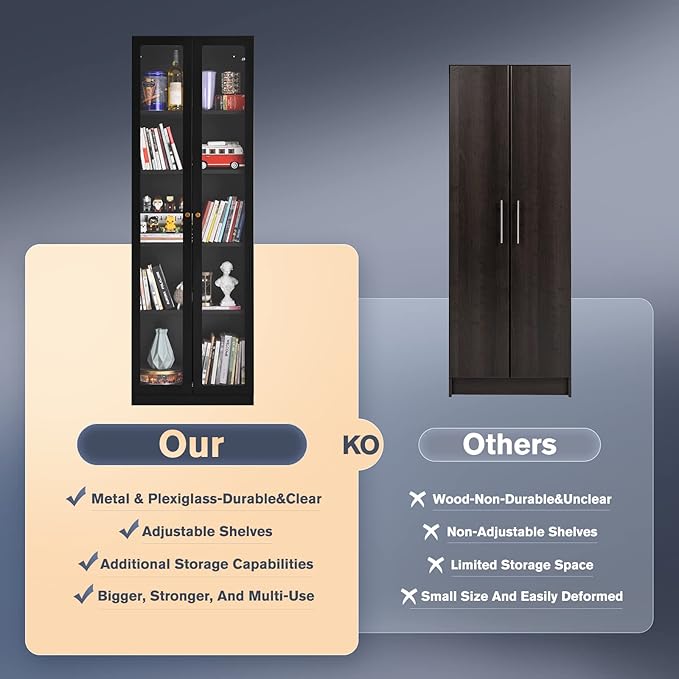 5 Tier Metal Curio Cabinets, 71" Tall Modern Bookshelf Cabinet with 4 Adjustable Shelves, Cabinet Display Case for Home Office, Living Room, Pantry, Assemble Required, Black