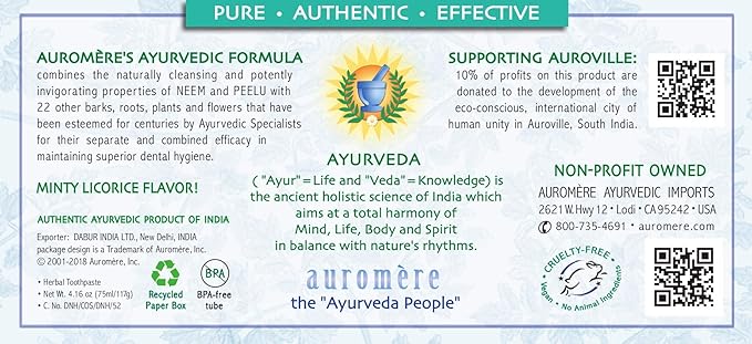 Auromere Ayurvedic Herbal Toothpaste, Classic Licorice Flavor - Vegan, Natural, Non GMO, Fluoride Free, Gluten Free, with Neem & Peelu (4.16 oz), 4 Pack