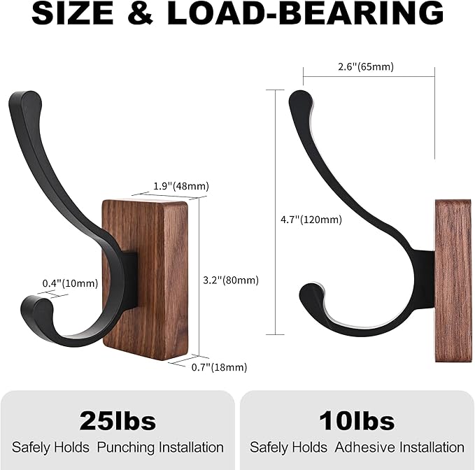 4 Pack Wooden Wall Hooks for Hanging, Adhesive Mounted & Wall Mount Nature Wood Coat Hooks for Towel Clothes Blanket Hat Backpack Robe Nursery Door Board Entryway Key Holder