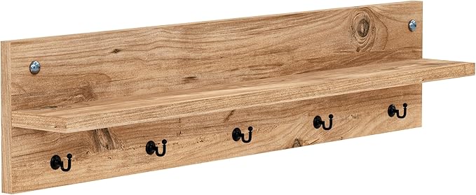 Modern Wall-Mounted Coat Rack with Shelf and Hooks - Wooden Entryway Organizer (Brown)