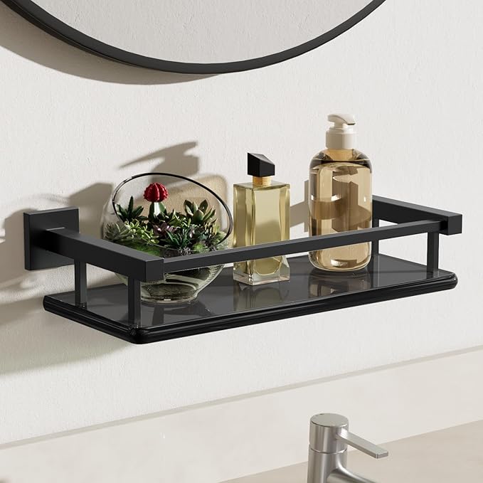 Alise Glass Shelves for Bathroom Wall, Tempered Glass Bathroom Shelf Wall Mounted, Modern Space Saving Floating Shelves 12 inch, Matte Black