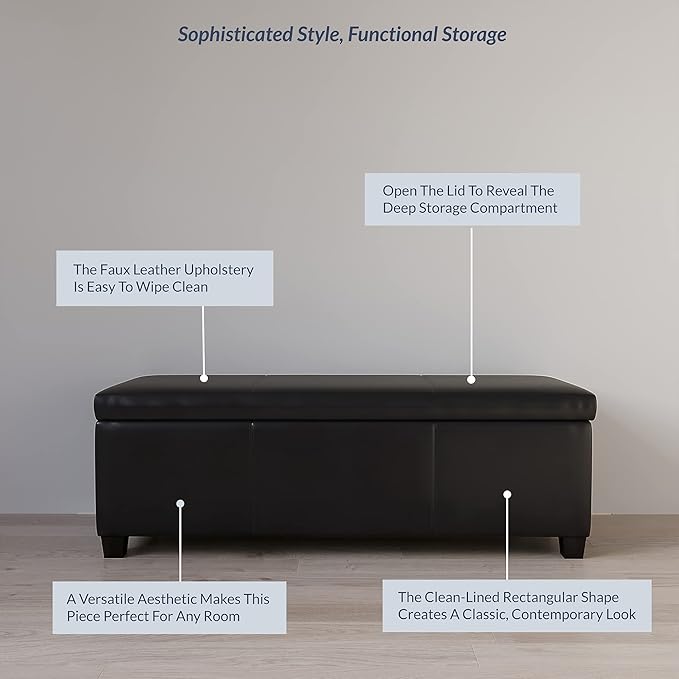 BELLEZE 47 Inch Storage Ottoman, Faux Leather Storage Bench Bedroom Bench with Safety Close Hinge, Ottoman with Storage for Living Room, Entryway, Hallway, Foot Rest, Support 300lbs - Black