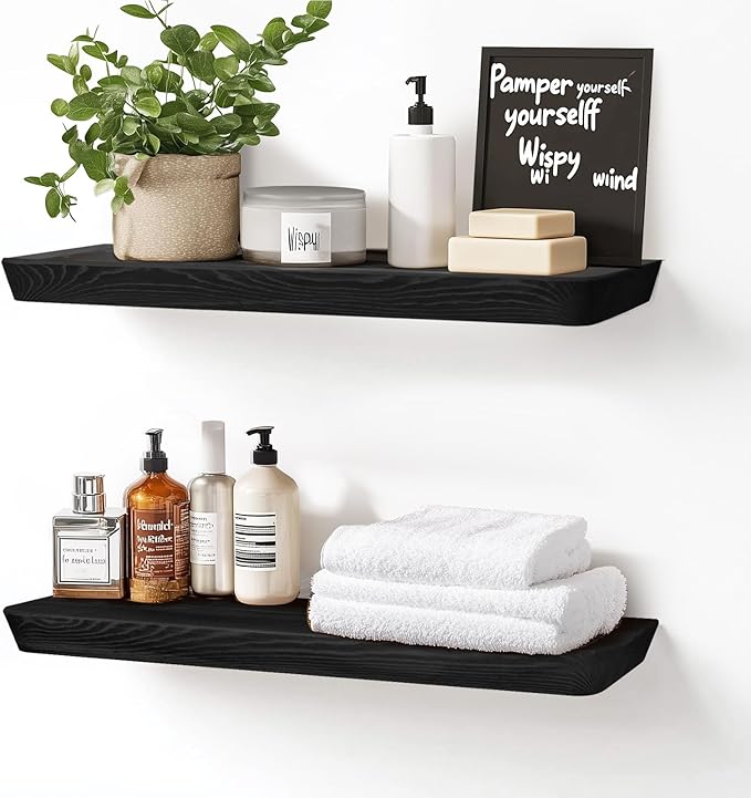 24"x6.8"x1.6" Slanted Floating Wall Shelves 2-Pack - Rustic Black Finish, Heavy-Duty Solid Wood Design with Hidden Brackets - Perfect for Living Room, Kitchen, Bathroom, or Office