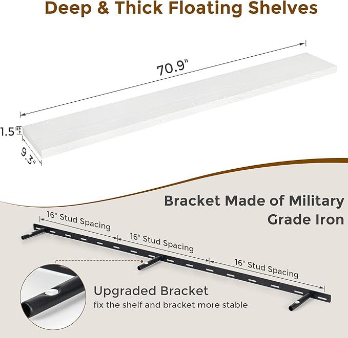 72 Inch Floating Shelves White, 72 x 9 Rustic Wooden Fireplace Mantel, 9 Inch Floating Shelf for Wall, Farmhouse Wall Shelves for Home Storage & Display