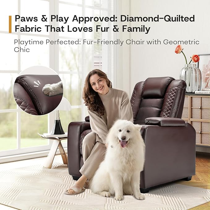 ANJ Power Home Theater Seating Set of 2, Brown Faux Leather Electric Recliner Chair with Powered Headrest, Dual Motors Movie Reclining Chairs with LED Lights,USB Port,Cup Holders, Hidden Arm Storage