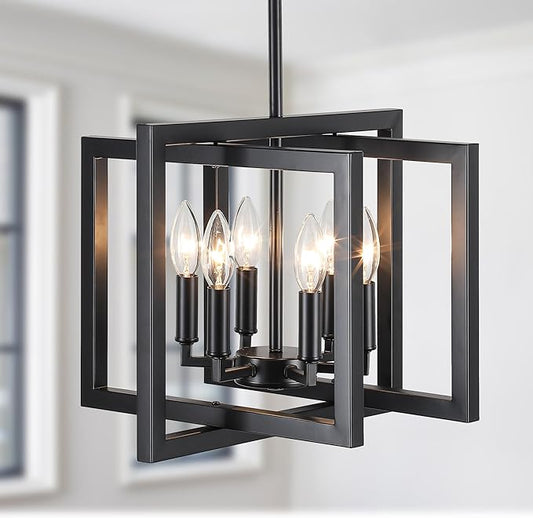 ANKYLHUA Black Chandelier,6-Lights Ceiling Light Fixture E12,Adjustable Hight Pendant Lights Kitchen Island,Chandeliers for Dining Room Bedroom,Entryway,Foyer