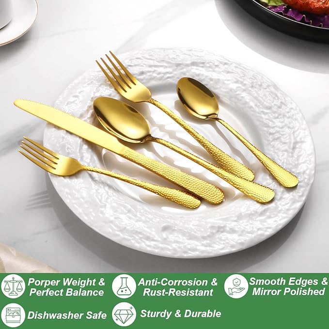 20 Pcs Gold Silverware Set for 4 with Hammered Design, Food Grade Stainless Steel Flatware Set, Eating Utensils Sets Include Fork/Knife/Spoon, Cutlery Set, Dishwasher Safe