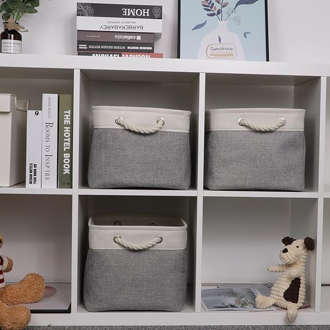 Bidtakay Baskets Set of 3 Storage Baskets for Organizing Large Fabric Storage Bins for Shelves Decorative Canvas Bins Collapsible Empty Baskets for Closet,Nursery,Clothes,Toys,Shoes(White&Grey)