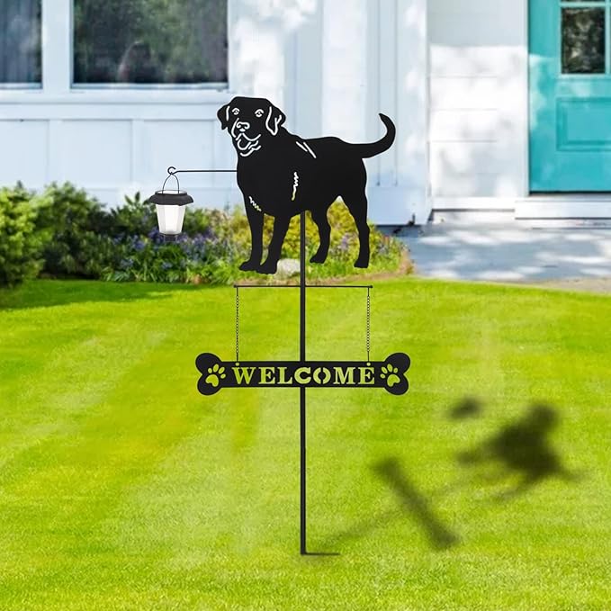 BAYN Solar Labrador Silhouette Dog Breed Welcome Sign with a Lantern Outdoor Decorative Garden Stakes for Yard, Lawn, Patio, Pathway