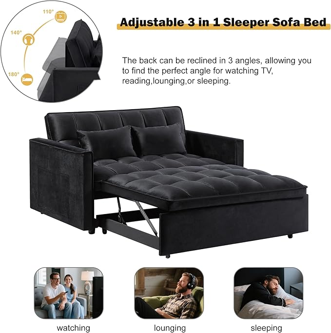 3 in 1 Sleeper Sofa Bed, Futon Sofa Bed for Living Room with Side Pocket, Black Sleepers Sofas Couch with Pullout Beds, Convertible Love Seat Sleepers Couch for Living Room, Bedroom,