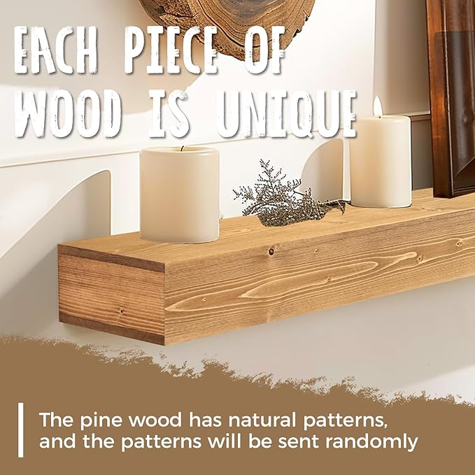 72x8x3 Fireplace Mantel - Handcrafted Hollow Rustic Solid Wood Wall Mounted Floating Shelf with Invisible Heavy Duty Wood Bracket (Natural Wood)