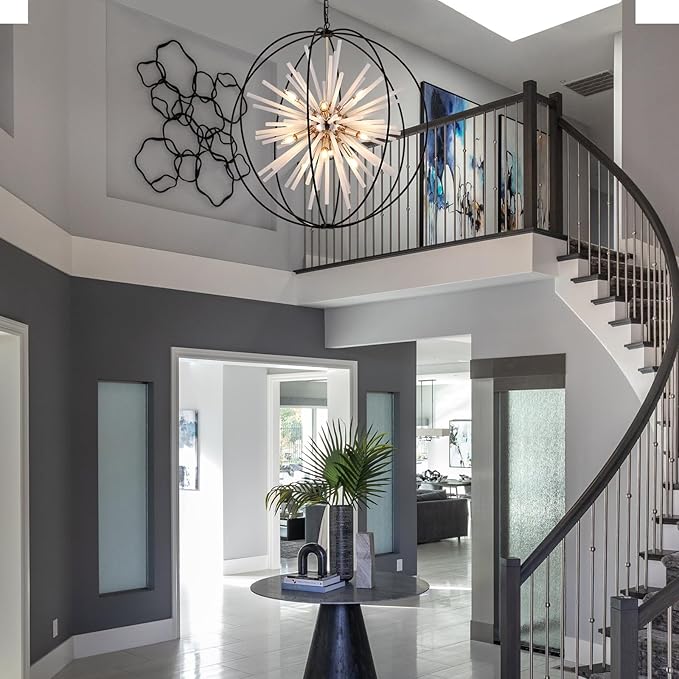 31.5" Black Gold 16-Light Globe Sputnik Chandelier Modern Industrial Adjustable Hanging Ceiling Pendant Light Fixture for Entryway Foyer Stairway Dining Living Room Hallway