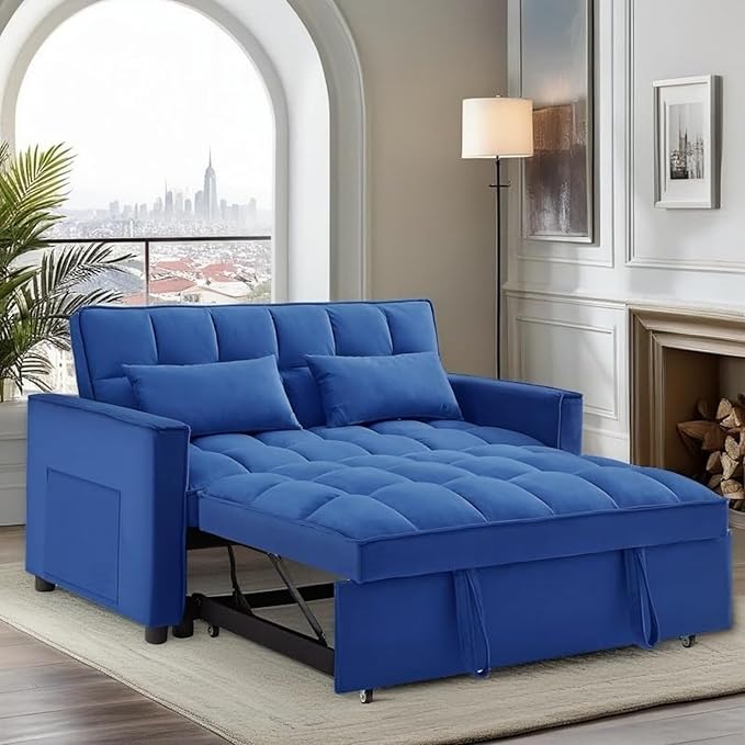 3 in 1 Sleeper Sofa Beds, Futon Sofa Bed for Living Room with Side Pocket, Sleepers Couch with Pullout Bed, Convertible Love Seat Sleepers Couch for Living Room, Bedroom, Small Space, Blue