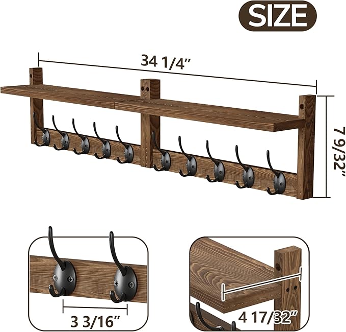 AMBIRD 34.2 inch Wooden Extra-Long Wall Hook Rack with Shelf - Versatile and Decorative Wall-Mounted Storage - 10 Hooks for Hanging Coats, Hats, Scarves - Ideal for Entryways, Bedrooms, Closets