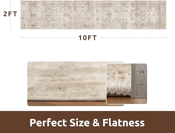 AMOAMI-2X10 Runner Rug-Washable Runners for Hallways-Soft Non Slip Bedside Rugs for Bedroom-Vintage Long Rug for Hallways Entryway Laundry Room Stair Kitchen Bathroom Beige