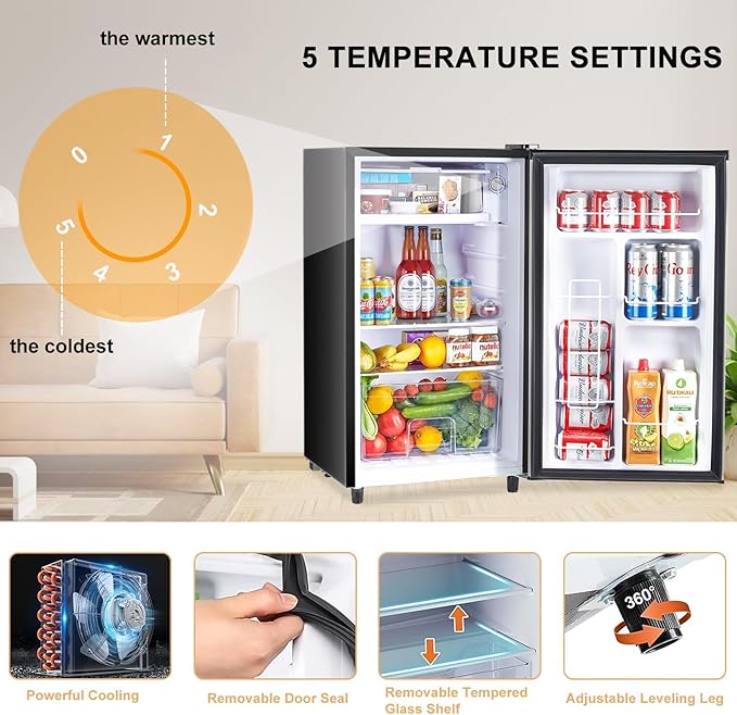 Atilioo Upgraded Mini Fridge with Freezer 3.2 Cu.Ft Compact Dorm Refrigerator Small Cooler for Bedroom Office, Single Door Adjustable Thermostat Low Noise, 17.5" D x 17.7" W x 31.5" H, Black