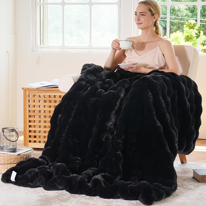 BENVWE Faux Fur Throw Blanket for Couch - Thickened Fluffy Soft Bubble Blanket for Living Room Home Decor - Fathers Day Birthday Gifts for Women Men, Black, 50" x 60",1300GSM