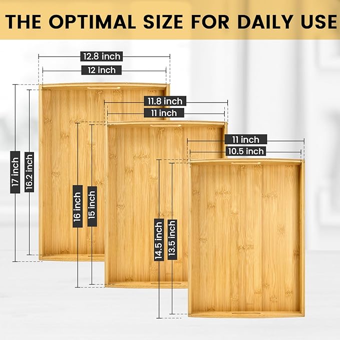 Bamboo Serving Tray with Handles Set of 3 - Decorative Wooden Trays for Eating, Working, and Storing, Suitable for Use in Bedroom, Living Room, Kitchen, Bathroom, Outdoor Scenarios and More