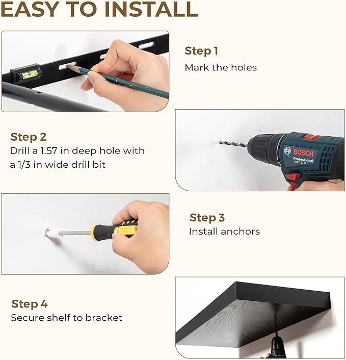 48 Inches Floating Shelves for Wall, 9.3" Deep Long Floating Shelves Set of 1, Large Display & Storage Shelf, Wall Shelf for Bathroom Bedroom Living Room Kitchen Office, Black