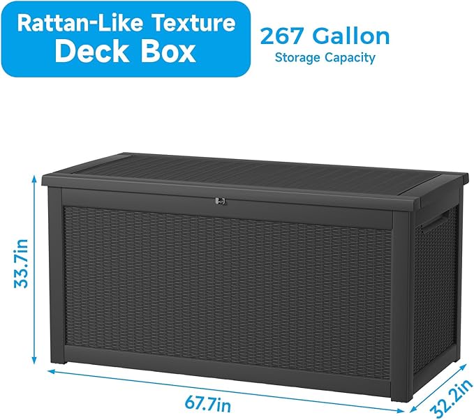 267 Gallon Deck Box Large Outdoor Storage for Patio Furniture,Outdoor Cushions,Garden Tools and Pool Supplies,Waterproof,Resin,Lockable(Black Rattan)