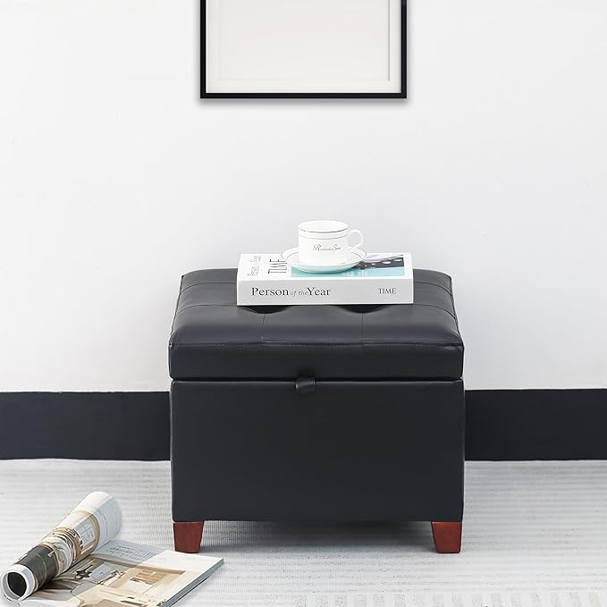 Adeco Faux Leather Storage Ottoman with Hinged Lid, 14 Inch High Black Square Cube Foot Stool with Storage, Upholstered Vanity Stool with Solid Wood Legs for Living Room, Bedroom, Dorm
