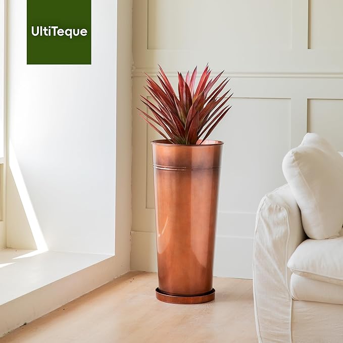 28in Tall Antique Copper Metal Vintage Planter Set of 2,Galvanized Steel Planter Pots for porches/Indoor/Outdoor/terraces Patio- Copper Color(2planters,2inner pots with Holes, 2trays)