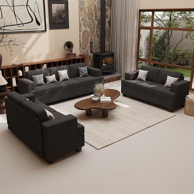 3 Seater Corduroy Couch for Living Room, 89” Black Cloud Sofa, Deep Seat Floor Couch for Bedroom, Futon Modern Sofa Sectional Bed, Black Corduroy