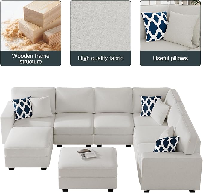 L Lengend Vansen Modular Sectional Sofa U Shaped Couch with Ottoman Modern Reversible Corner Sectional Couch for Living Room (Cream, U Shaped Sofa-3)