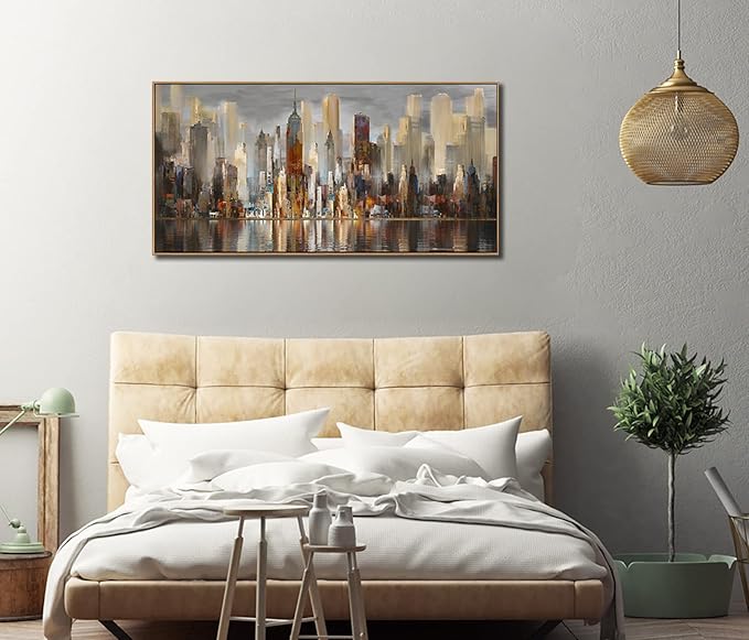 Mofutinpo Abstract Modern Canvas Wall Art for Living Room Cityscape New York Wall Decor City Theme Paintings Brown Framed Pictures Office Artwork Wall Decor Bedroom Above Bed