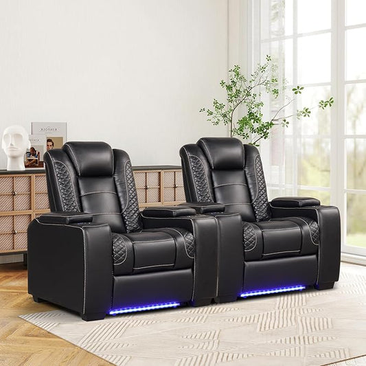 ANJ Power Home Theater Seating Set of 2, PU Leather Electric Recliner Chair with Powered Headrest, Dual Motors Movie Reclining Chairs with LED Lights,USB Port, Cup Holders, Hidden Arm Storage (Black)
