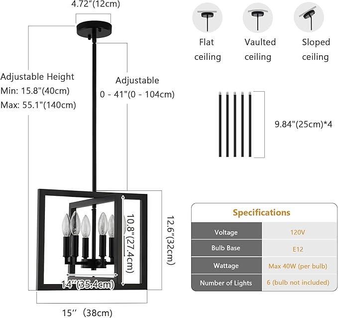 ANKYLHUA Small Black Chandelier,6-Lights Ceiling Light Fixture E12,Adjustable Hight Pendant Lights Kitchen Island,Chandeliers for Dining Room Bedroom,Entryway,Foyer