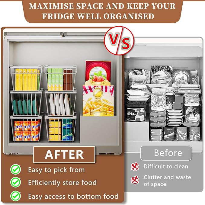 5 Pack Stackable Deep Freezer Organizer Bins ，Upgraded Bottom Leak-Proof net，Encryption and Hardening ， Freezer Organizer Bins for 5 to 7 Cu.FT Small Chest Freezer， Easy Get Bottom Foods