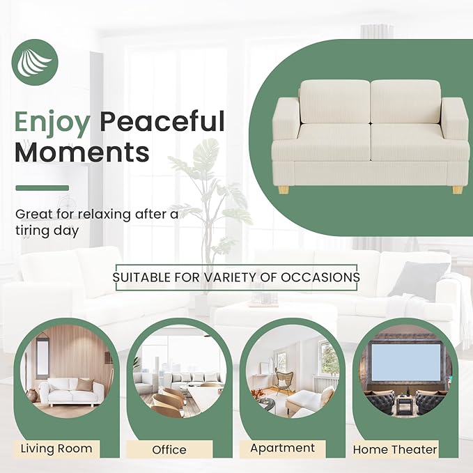 3 Pieces Corduroy Couch Set for Living Room, 3 Seater*2 & Loveseat Cloud Sofa, Deep Seat Floor Couch for Bedroom, Futon Modern Sofa Bed, White Corduroy