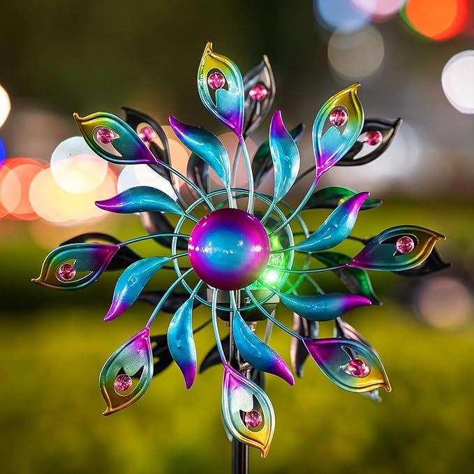 360°Peacock Solar Wind Spinner with Lights Blue Metal Garden Outdoor Decor Yard Lawn Art Decor for Patio Kinetic Windmills Unique Gifts for Friends and Family 51.9' H x 12.2'' Dia