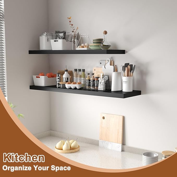 48 Inch Floating Shelf 1 Pack Large Floating Shelves for Wall No Drilling Accessories Included Deep Wall Shelves for Living Room Kitchen Farmhouse 48" W x 12" D x 1.2" Black