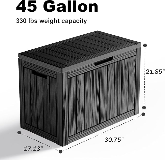 45 Gallon Resin Deck Box, Lockable Outdoor Storage Box for Patio Cushions Storage Furniture,Garden Tools, Pool Supplies, Weatherproof and UV Resistant（Black）