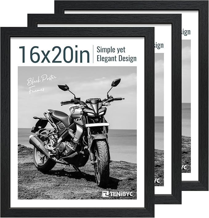 16x20 Picture Frame Set of 3 - Black Woodgrain, Solid Wood, HD Tempered Glass, Wall Gallery Poster Frame