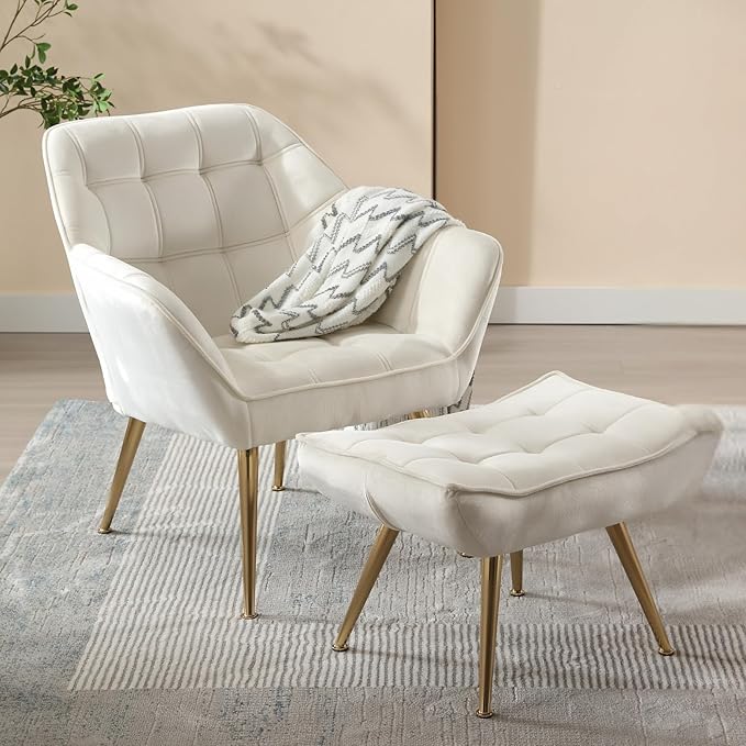 Beige Velvet Accent Chair with Ottoman ，Modern Reading Chair with Ottoman Set, Comfy Fuzzy Armchair Living Room Chair Lounge Chair with Metal Legs for Small Spaces Bedroom Apartment