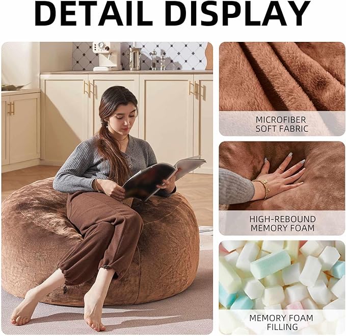 Bean Bag Chair 3Ft, Memory Foam Filled, Large Beanbag Chairs for Adults and Teens, Soft Sofa with Removable Flannel Cover, Round Couch for Living Room Bedroom College Dorm (Coffee, 3FT-36×36"×24")