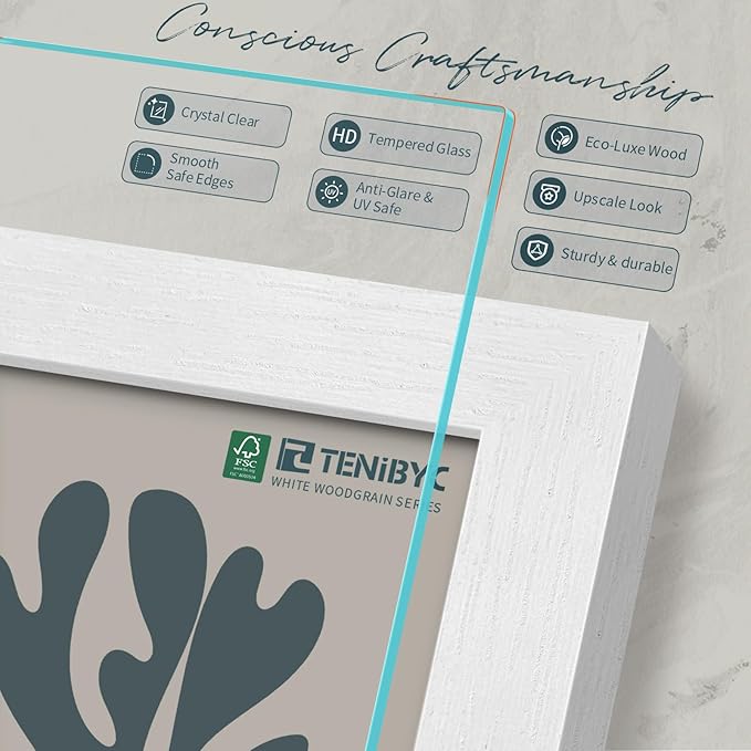 5x7 Picture Frame 3 Pack - White Woodgrain, Solid Wood & HD Tempered Glass, Table Display or Wall Hanging